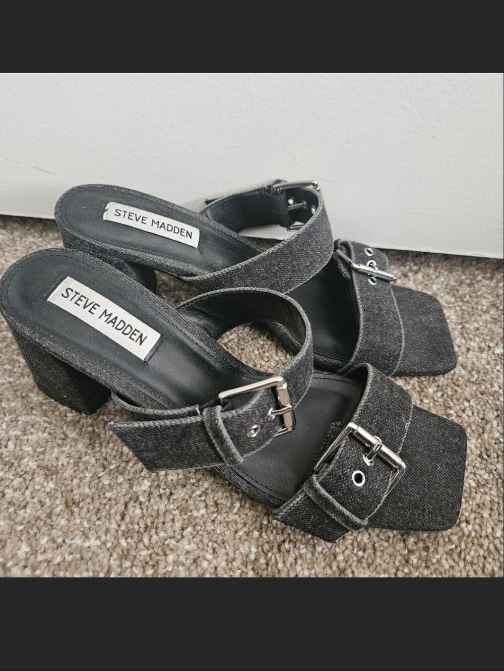 Steve Madden Grey Denim Buckle Block Heel Sandals